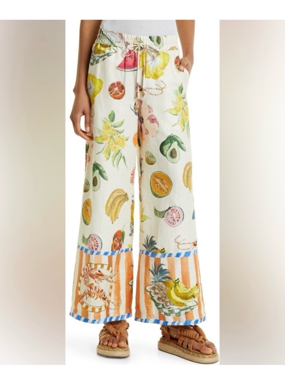 Alemais Cream Fruit & Floral Wide-Leg Lounge Pants